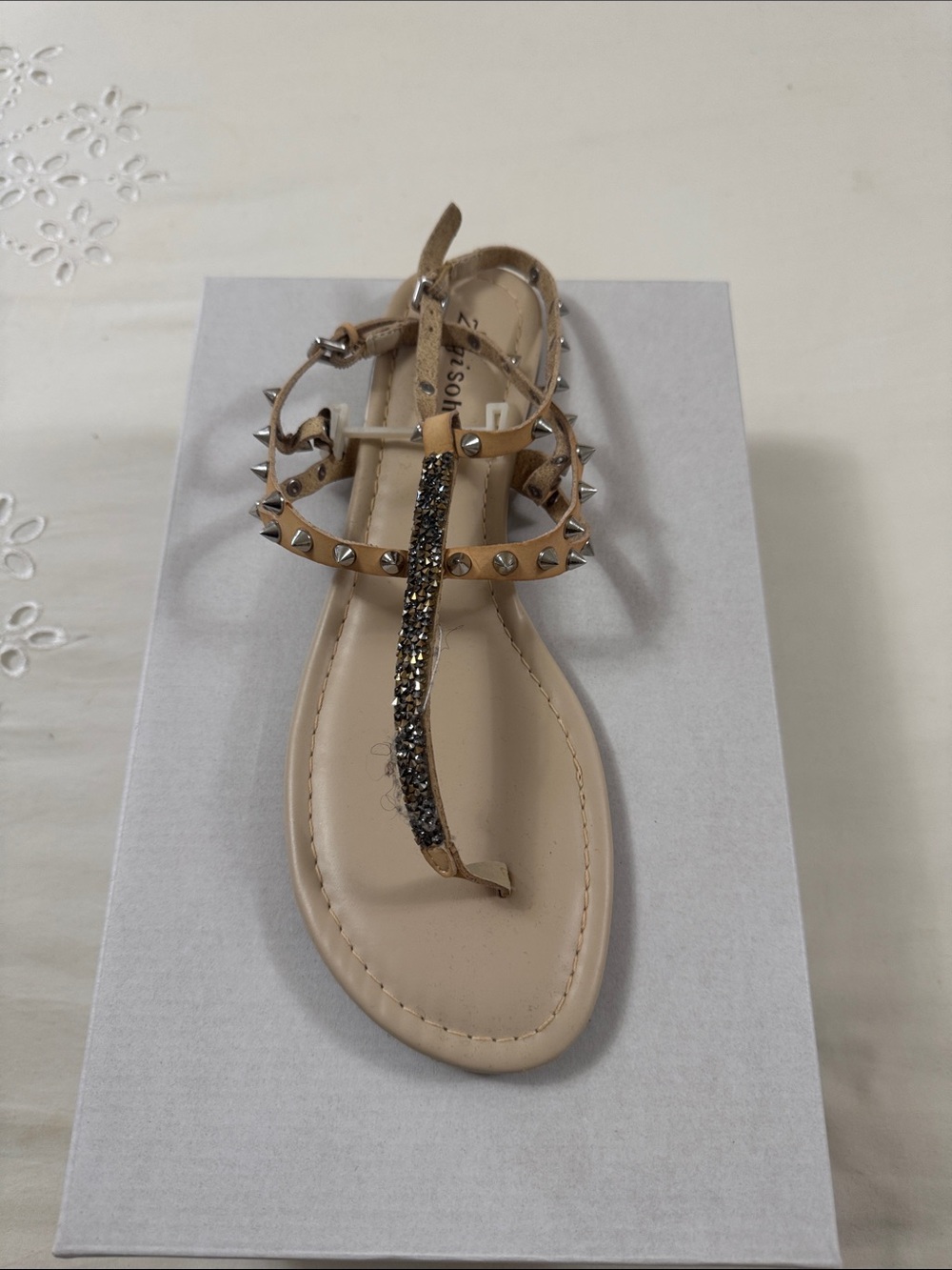 Zigi Soho Beige Studded T-Strap Sandal with Glitter Accent